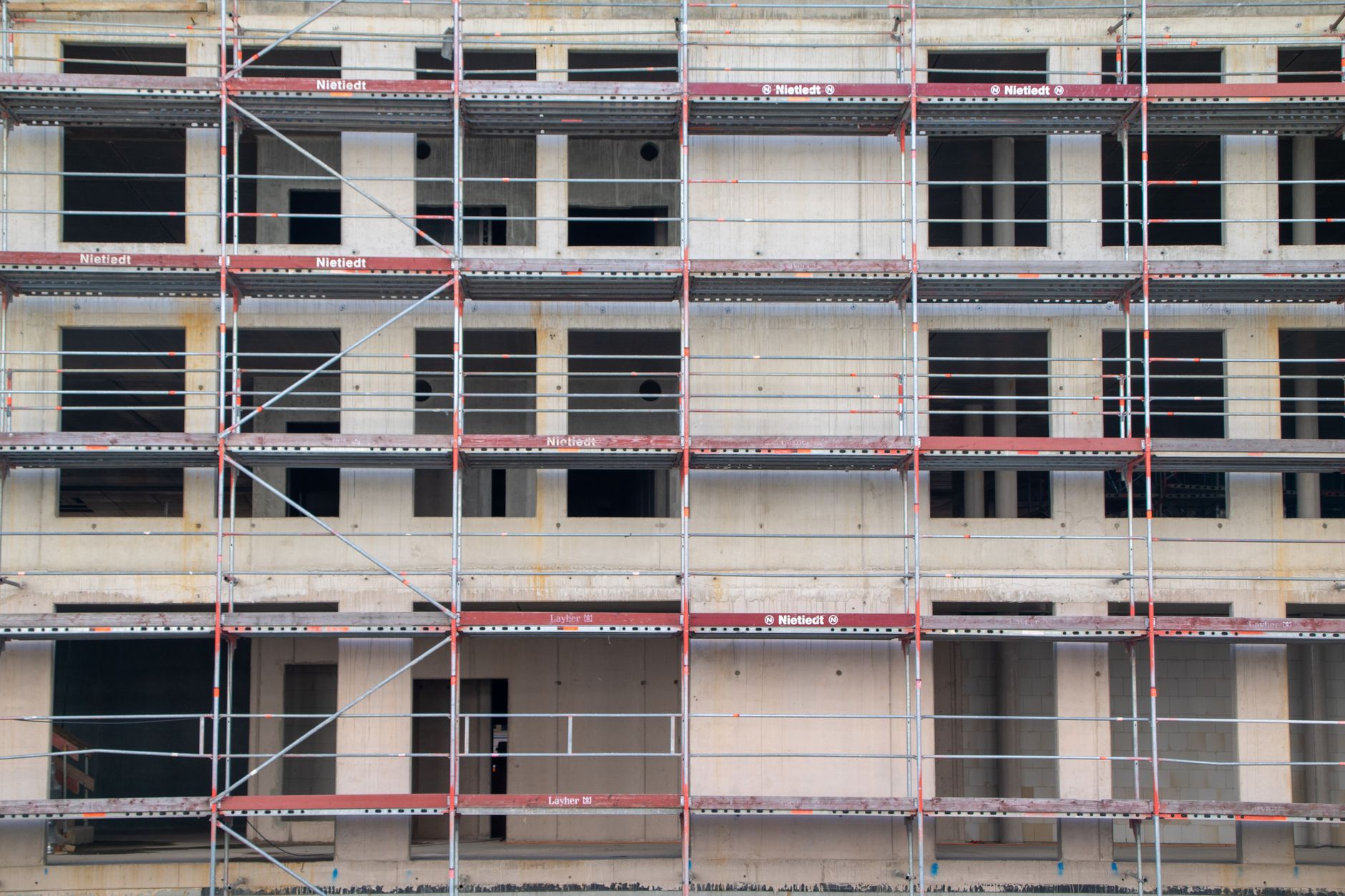 Scaffolding structure on a building construction site in Hamburg, Germany.