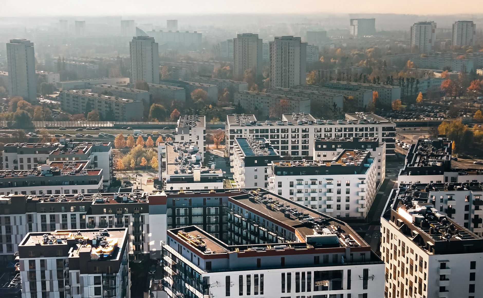 Aerial view of modern apartments in Poznań, showcasing urban living and architecture.