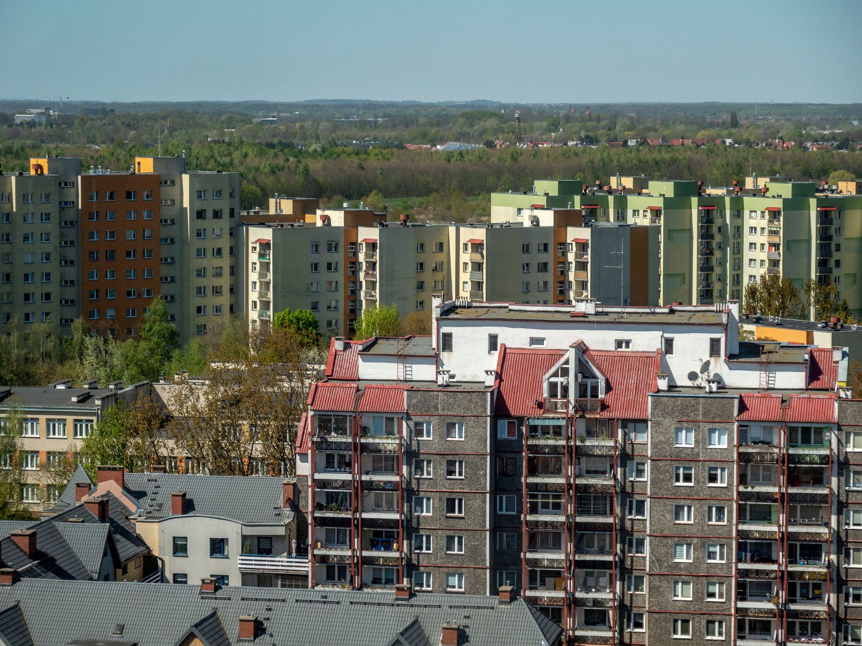 Aerial view of colorful residential buildings in Wrocław, Poland.