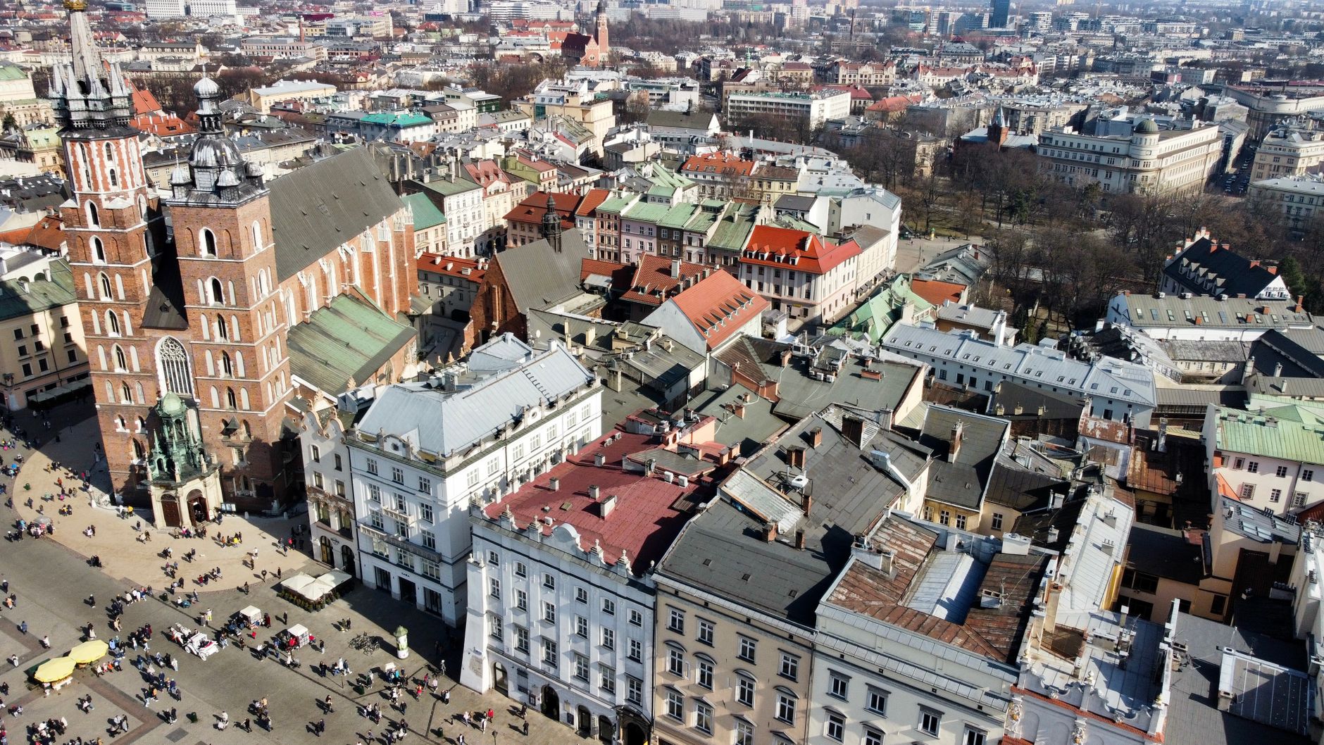 Aerial view of Kraków's historic Old Town with St. Mary's Basilica, Poland.
